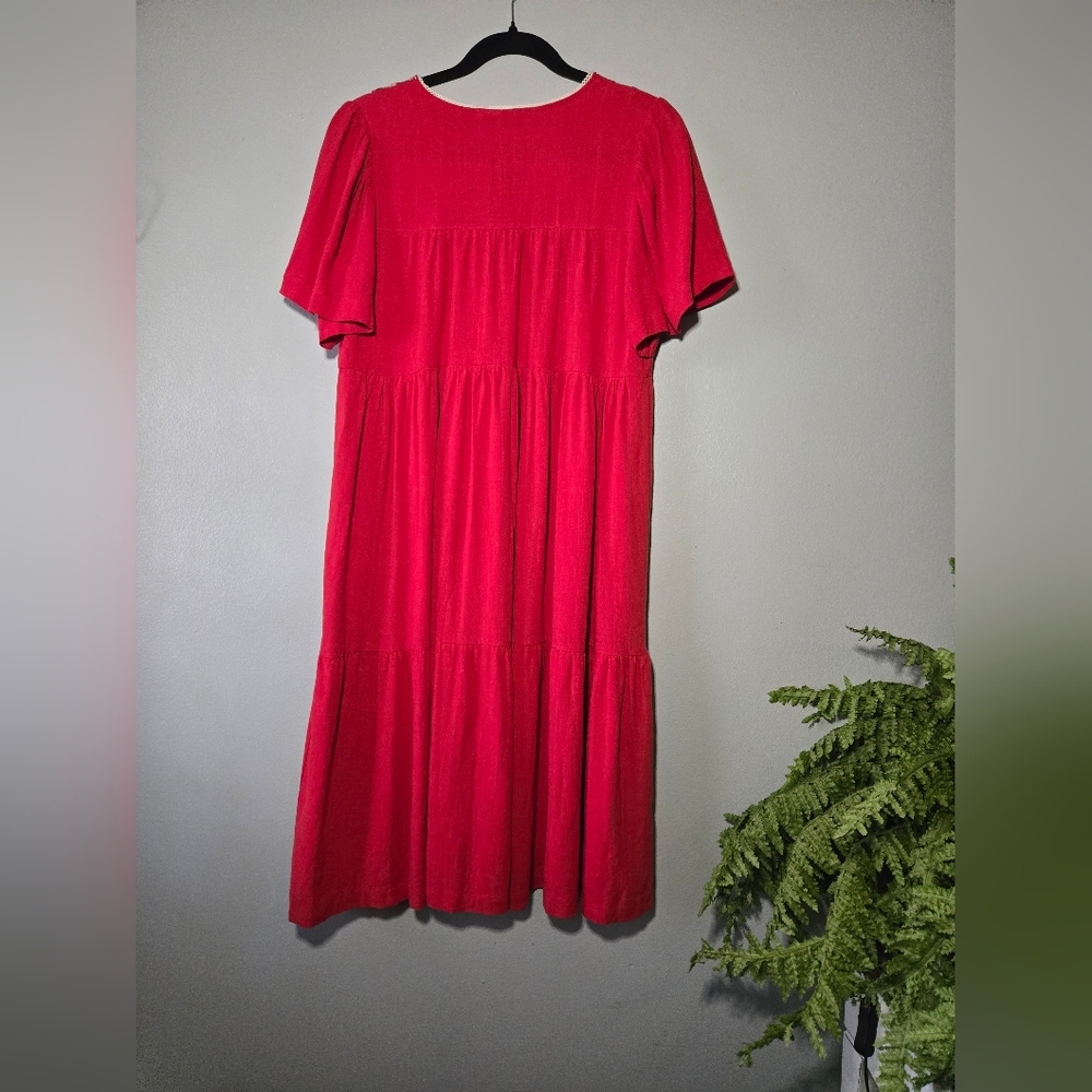 See and Be Seen Red Embroidered Linen Boho Midi Dress – Size Small, NWT - Picture 7 of 7